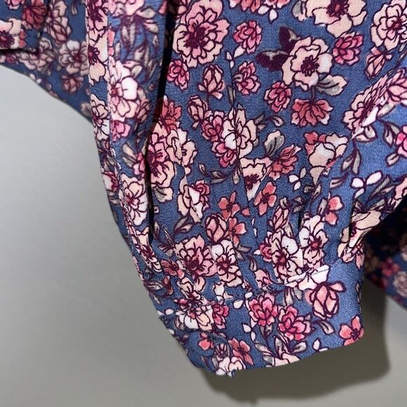 CeCe XL Blue Pink Fuchsia Ruffle V-Neck Neck Long Sleeve Floral Blouse - Picture 7 of 9